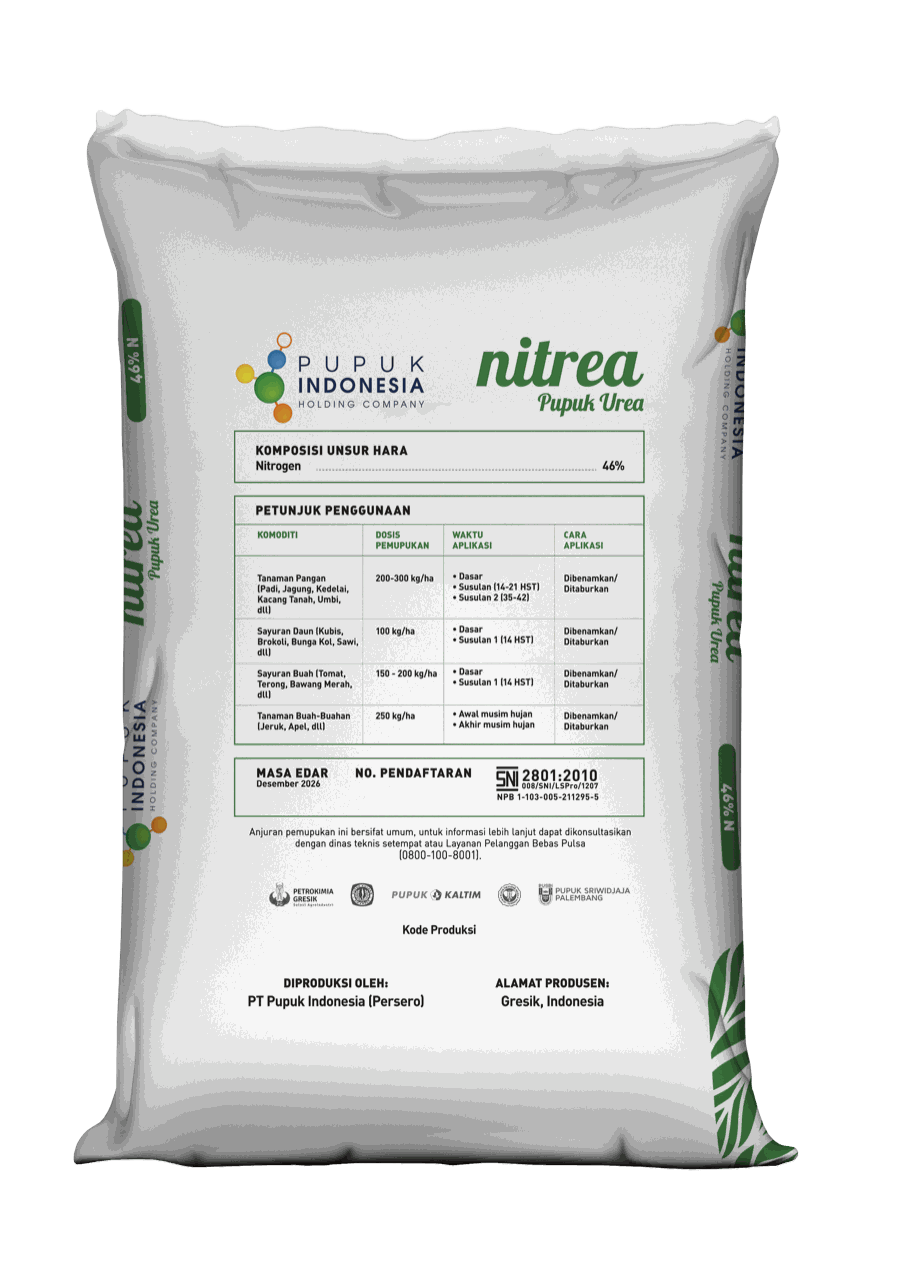 Bagian belakang kantong Nitrea: komposisi unsur hara nitrogen 46% dan tabel petunjuk penggunaan
